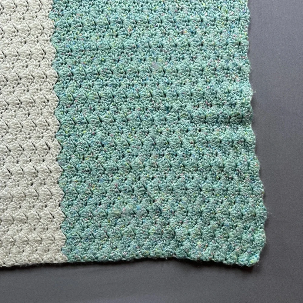 Handmade Crochet Throw Baby Blanket Teal White Striped Soft Knit (38